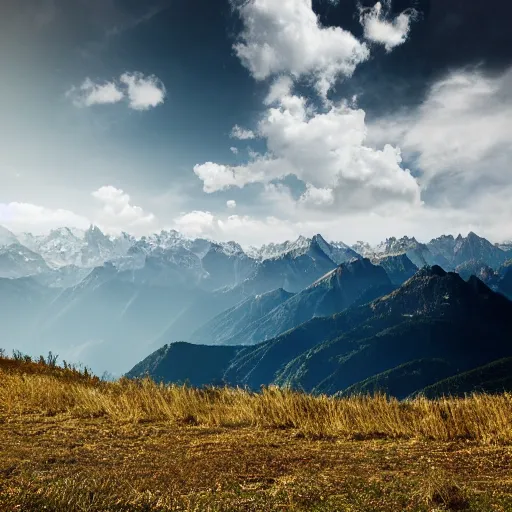 Prompt: Cinematic light, cinematic view of the alps, highly detailed, altitude mountain, cloudy, hyper realistic, dramatic, dark, realistic