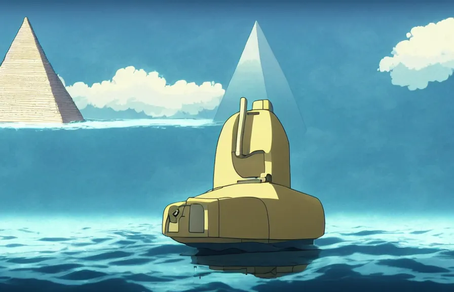 Image similar to a realistic studio ghibli cell shaded cartoon showing an underwater submarine. in the background is a white pyramid with a gold capstone underwater at the bottom of the sea. wide shot, very dull muted colors, hd, 4 k, hq