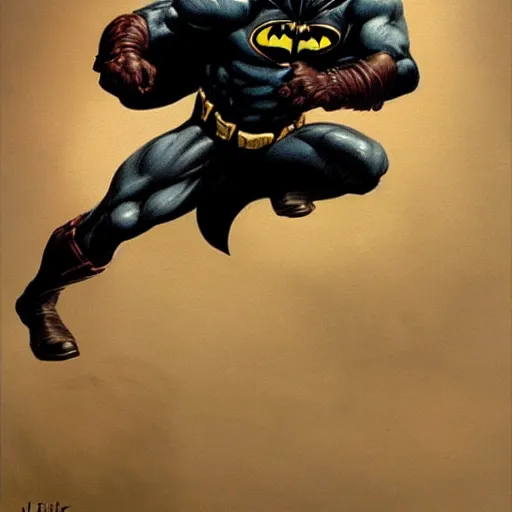 Image similar to an ultra - realistic painting of batman in the style of frank frazetta. 4 k. ultra - realistic. highly detailed. dark fantasy. epic lighting.