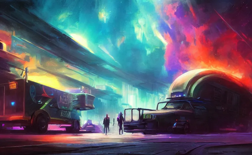 Prompt: a beautiful artwork illustration, a cyberpunk food truck floating through a galactic nebula, volumetric fog, godrays, high contrast, high contrast, high contrast, vibrant colors, vivid colors, high saturation, by Greg Rutkowski and Jesper Ejsing and Raymond Swanland, featured on artstation, wide angle, vertical orientation