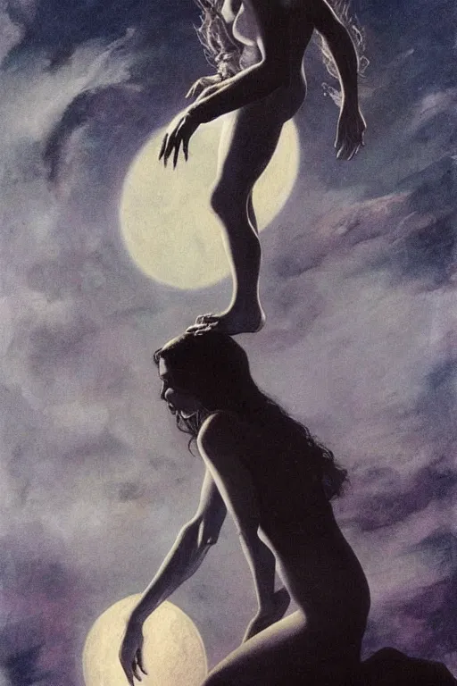 Prompt: portrait of a young witch kneeling under the full moon, highly detailed, by frank frazetta and boris vallejo