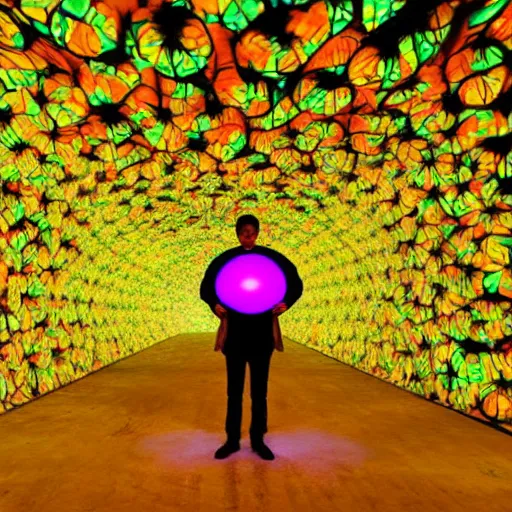 Image similar to a man standing in a tunnel with a colorful background, an abstract sculpture by huang ding, featured on dribble, interactive art, made of insects, biomorphic, irridescent