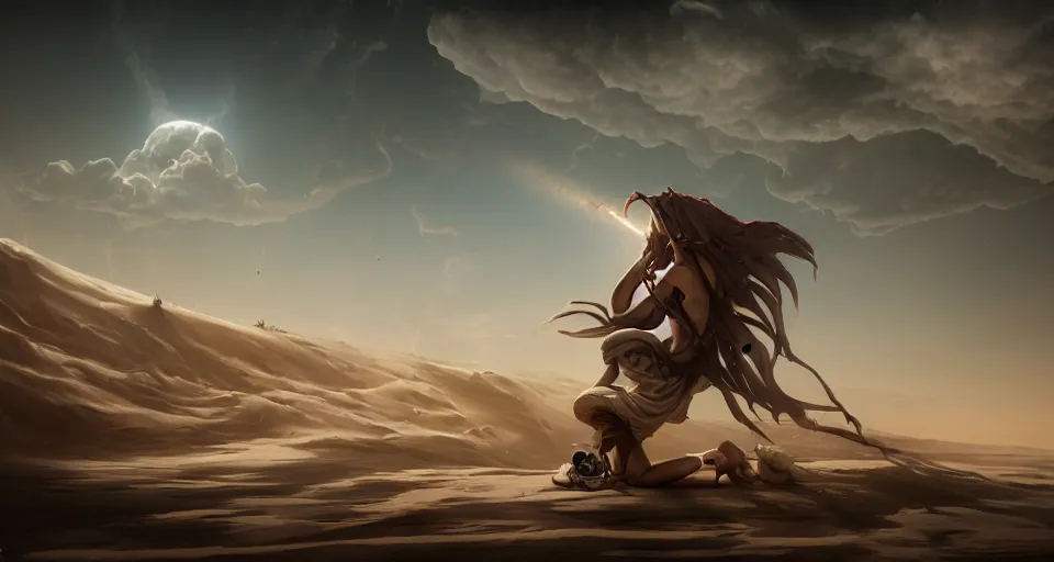Prompt: a lonely necromancer kneeling on the sand of a mercyless desert, flickering air, hot sun from above, clouds in the sky, the feeling of dread and existential terror, style of peter mohrbacher, octane render, unreal engine, 8k high definition