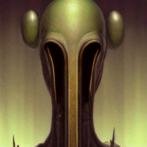 Image similar to portrait of tall, long-necked lipless mutant with scaled face and serpent eyes wearing gauze toga and standing in cyberpunk art deco mosque, alien bestiary by Barlowe, Greg Rutkowski, and Yoshitaka Amano
