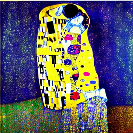 Prompt: The Kiss from Klimt but painted in the style of Vincent Van Gogh, van gogh's Starry night background