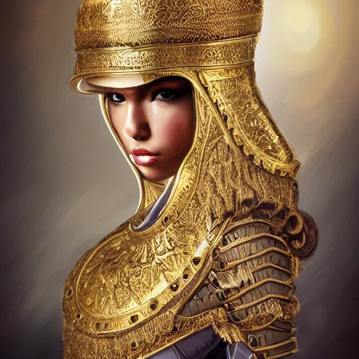 Prompt: A portrait of an attractive young female wearing an ornate metallic helmet, beautiful bone structure,symmetrical facial features,elegant,highly detailed,illustration