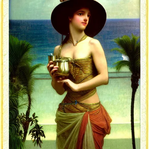 Prompt: Girl with a elixir chalice at the palace, thunderstorm, pool, beach and palm trees on the background major arcana sky, by paul delaroche, alphonse mucha and arnold böcklin arnold böcklin hyperrealistic 8k, very detailed