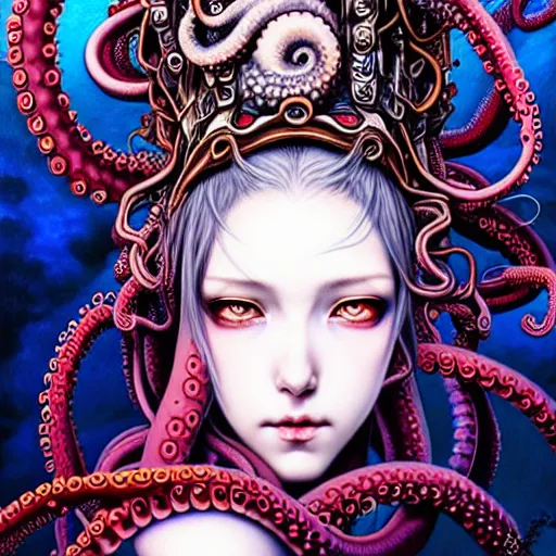 Prompt: a girl with tentacles on her head, an ultrafine detailed painting by ayami kojima, cgsociety, fantasy, anime digital art, lovecraftian, cosmic horror, detailed painting