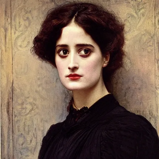 Image similar to portrait en buste of eva green in an edwardian dress by frederic william burton and frederic leighton, abundantly detailed, perfectly detailed eyes