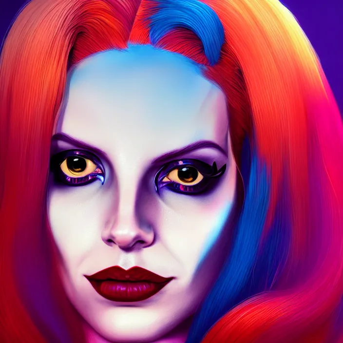 Image similar to portrait of lana del ray as a harley quinn. intricate abstract. intricate artwork. smooth. by Tooth Wu, wlop, beeple, dan mumford. octane render, trending on artstation, greg rutkowski very coherent symmetrical artwork. cinematic, hyper realism, high detail, octane render, 8k, iridescent accents