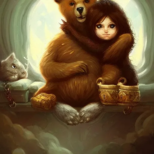 Prompt: bear and cat sitting in couch, cute and adorable, pretty, beautiful, fantasy painting, DeviantArt Artstation, by Jason Felix by Steve Argyle by Tyler Jacobson by Peter Mohrbacher, cosy atmoshpere