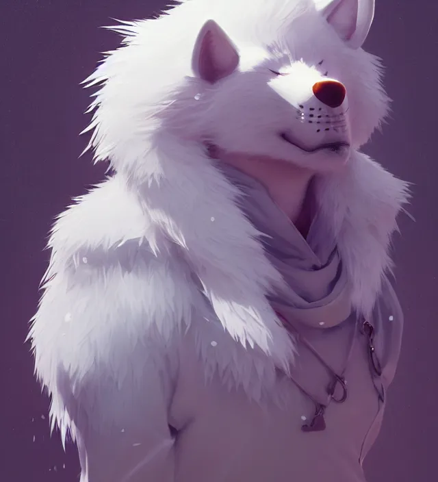 Prompt: a beautiful portrait of a cute male anthropomorph white wolf wearing a kigurumi. character design by cory loftis, fenghua zhong, ryohei hase, ismail inceoglu and ruan jia. artstation, volumetric light, detailed, photorealistic, rendered in octane