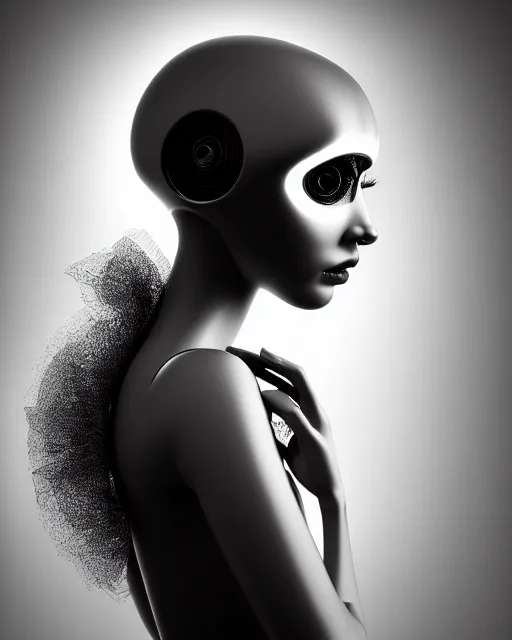 Image similar to surreal mythical dreamy dark artistic black and white fine art 3 / 4 portrait photo of a young delicate female robot with orchid - owl face, rim light, cinematic, studio dramatic light, poetic, octane render, 8 k, photo - realistic by hg giger