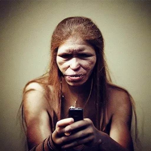 Image similar to “ a primitive pre human woman Neanderthal posing for a photo with an iPhone in a trending fashion way, anthropology photography, National Geographic ”