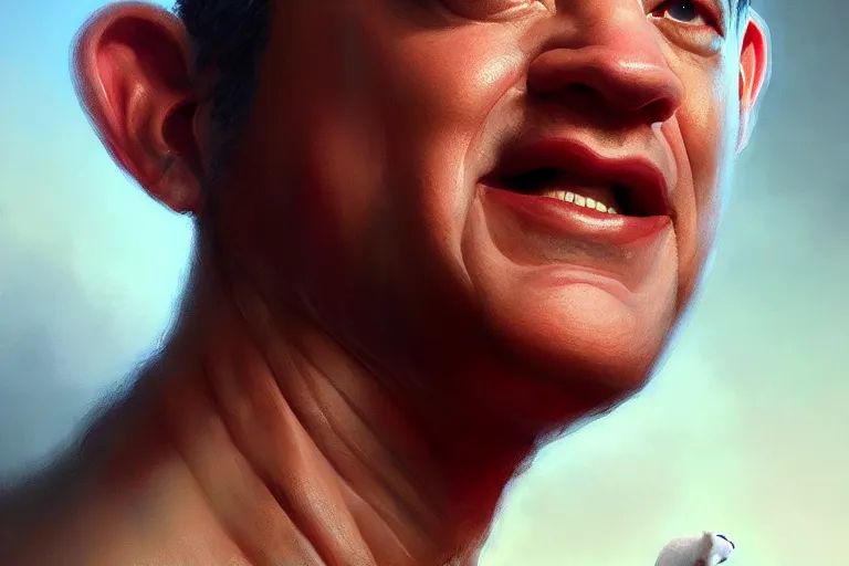 Image similar to a portrait of tom hanks as a lamb shank, hyper detailed, digital art, artstation, cinematic lighting, studio quality, smooth render, by artgerm, greg rutkowski, boris vallejo, craig mullins