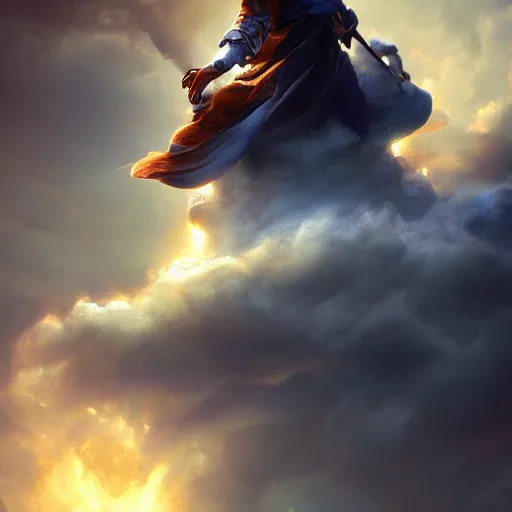 Image similar to wizard riding on a cloud, digital art, 4k, artstation, award winning, high resolution, unreal engine 5, very beautiful, highly detailed.