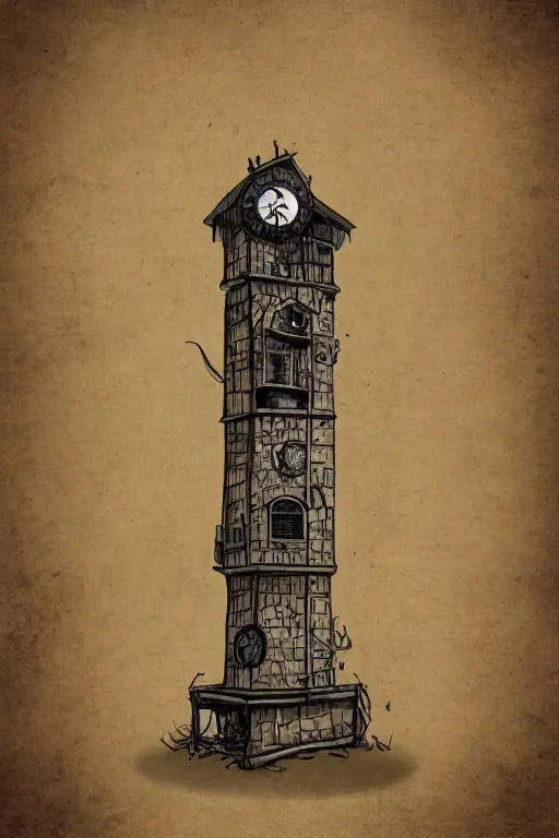 Image similar to the impossible clock tower on the top of a mountain, tower, building, steampunk, papyrus, parchment