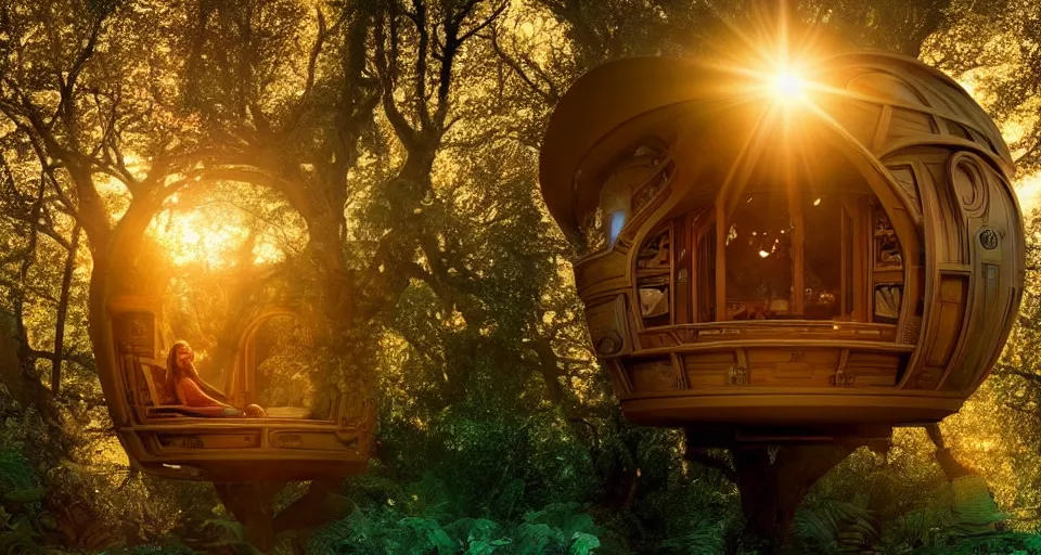 Image similar to An incredibly beautiful scene from a 2022 sci-fi film featuring a cozy art nouveau reading nook in a fantasy treehouse. Golden Hour. 8K UHD.