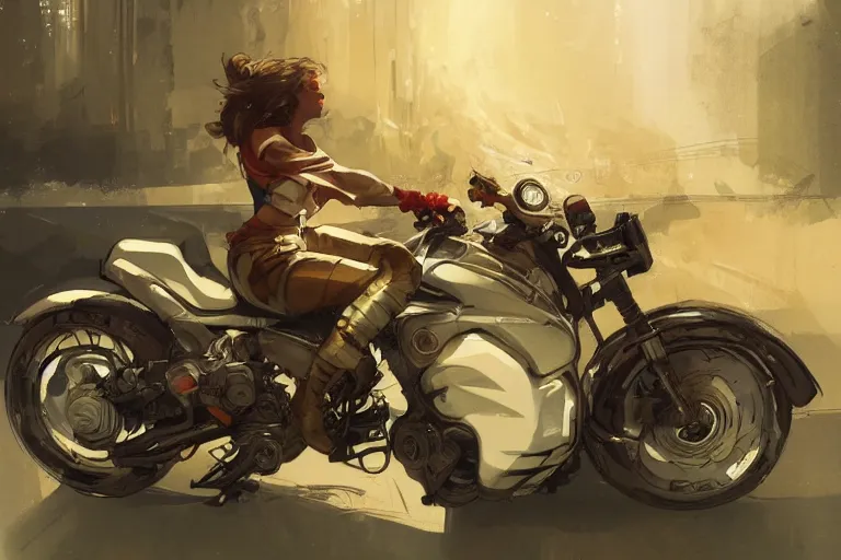 Image similar to a girl is riding a motorbike, digital painting, artstation, the space background,concept art, sharp focus, illustration, art by Krenz Cushart and Artem Demura and alphonse mucha