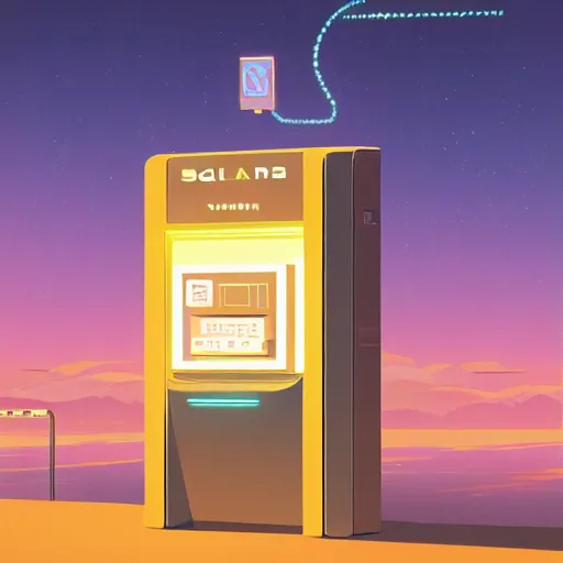 Prompt: withdrawing Solana cryptocurrency from an atm, futuristic illustration, by James Gilleard and Bruce Pennington, highly detailed,