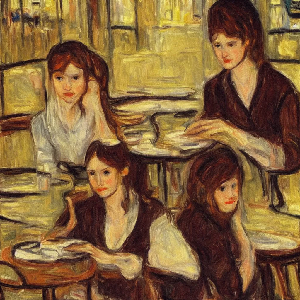 Prompt: a beautiful reading girl in coffee shop, canvas, oil paint, magnification, cinematic, detailed, artwork by edvard munch