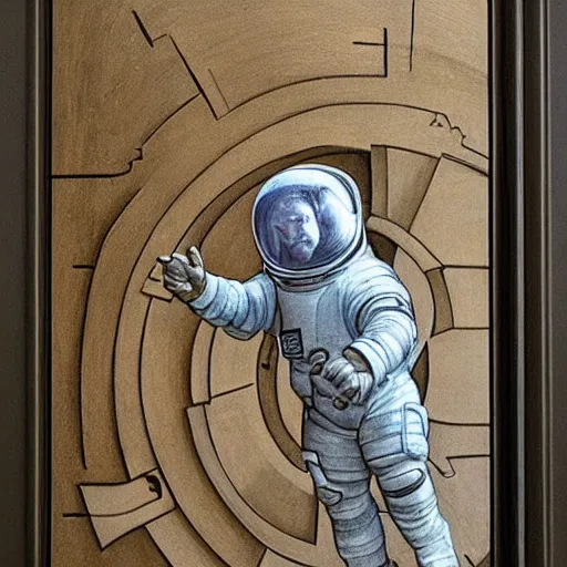 Prompt: photo - realism, space astronaut opening door that shows space and time created by leonardo davinci with extra detail, epic, spiral, perfection, zero.