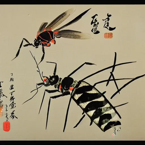 Image similar to a chinese painting of insect and plant by qi baishi