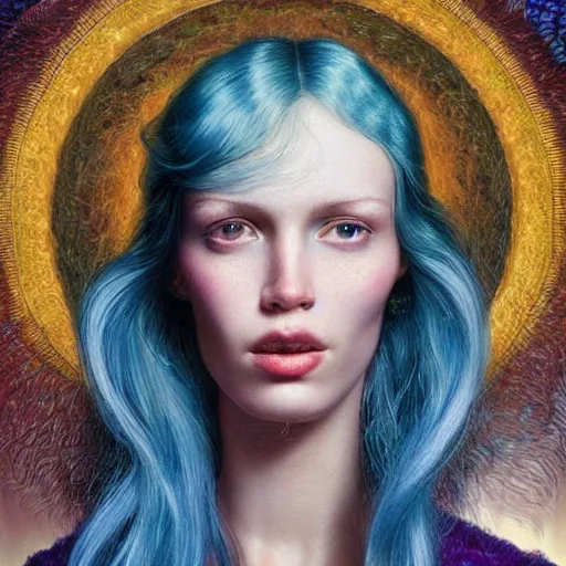 Image similar to A beautiful portrait of a woman with iridescent skin by James C. Christensen, scenic environment and blue hair