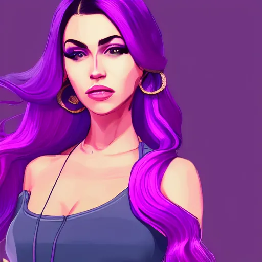 Image similar to a stunning GTA V loading screen with a beautiful woman with ombre hairstyle in purple and pink blowing in the wind, digital art, trending on artstation