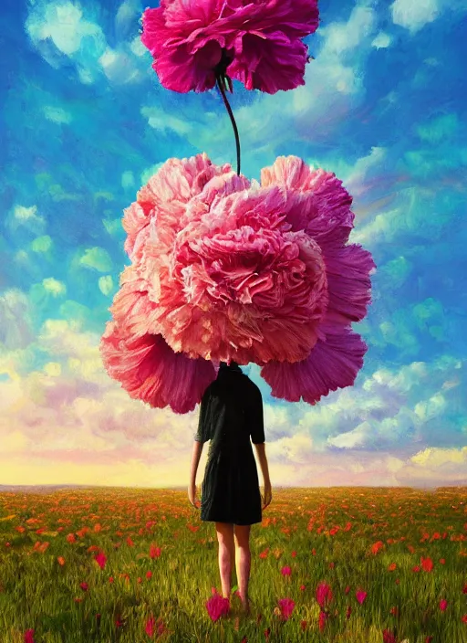 Image similar to woman with a giant carnation as a face, flower field, surreal photography, sunset dramatic light, impressionist painting, colorful clouds, blue sky, digital painting, artstation, simon stalenhag