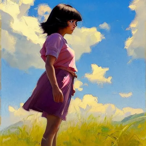 Image similar to Greg Manchess painting of dora the explorer, countryside, fantasy character portrait, dynamic pose, above view, sunny day, thunder clouds in the sky, artwork by Jeremy Lipkin and Giuseppe Dangelico Pino and Michael Garmash and Rob Rey, very coherent asymmetrical artwork, sharp edges, perfect face, simple form, wacky, 100mm