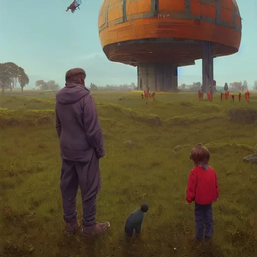 Image similar to giant 2 1 savage standing over tiny humans by simon stalenhag, atmospheric haze, children below look up, misty evening, sci fi digital painting, unreal engine 5, photorealism, hd quality, 8 k resolution, cinema 4 d, 3 d, cinematic, professional photography, art by artgerm and greg rutkowski and alphonse mucha and loish and wlop