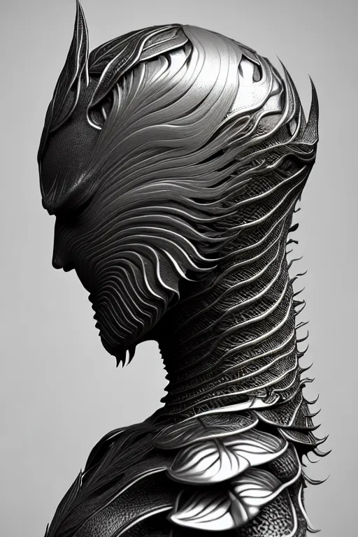 Image similar to bw close - up profile face, black background, beautiful young porcelain vegetal - dragon - cyborg - female, 1 5 0 mm, beautiful natural soft rim light, silver gold details, magnolia leaves and stems, roots, mandelbot fractal, elegant, ultra detailed, white metallic armour, octane render, h. r. giger style