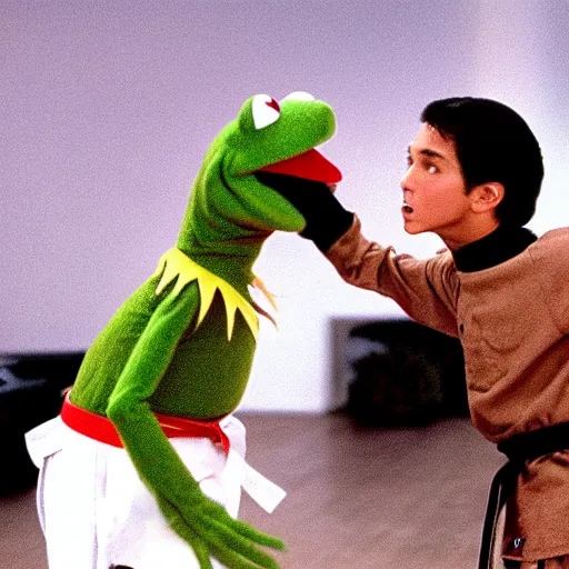 Prompt: kermit the frog fighting daniel in the karate kid, cinematic, high resolution, movie still, dramatic,