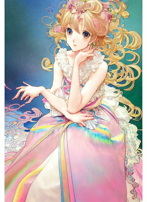 Prompt: manga of beautiful princess, rococo ruffles dress, pastel rainbow, pearlescent, shimmering, reflective, rim light, detailed background, takeshi obata, minaba hideo, shigenori soejima, alphonse mucha, illustration,, artstation, pivix, concept art, highly detailed, colorful, maximalist