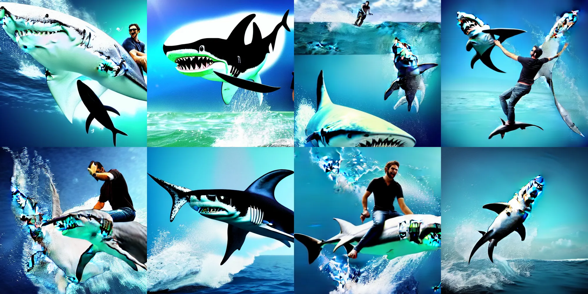 Image similar to Man riding a shark photorealistic photo