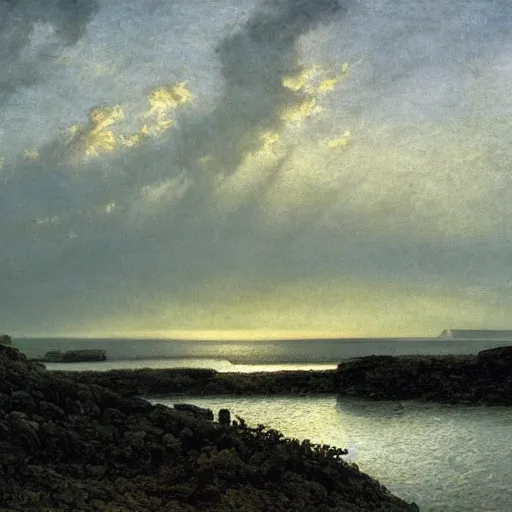 Prompt: a gravel shoreline, cloudy day, realistic oil on canvas, by caspar david friedrich, beautiful lighting