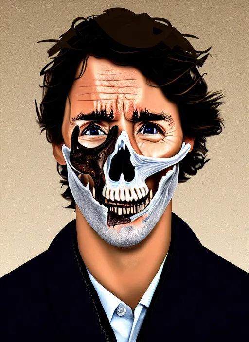 Image similar to a profile portrait of justin trudeau with a zippered opening into skull showing the cranial cavity, zippered opening in skull, inside head cobwebs, dust and rats, digital art, highly detailed, by david cronenberg, raphael, caravaggio