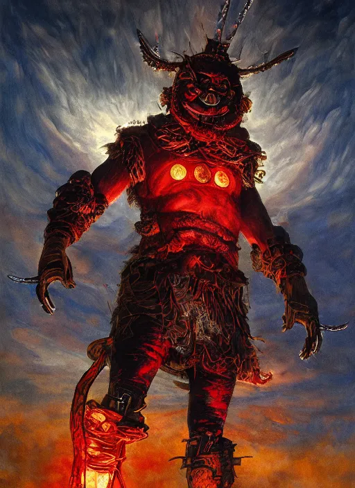 Prompt: portrait of a diabolical cyborg clown viking with a flamethrougher, torn cape, dynamic pose, glowing eyes, ancient ruins, glowing veins subsurface scattering, in clouds, sunset, portrait, by gerald brom, by mikhail vrubel, by peter elson, muted colors, extreme detail, reflections, trending on artstation, 8 k