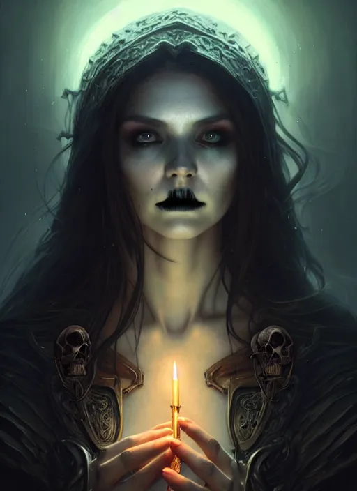 Image similar to a beautiful cinematic female Necromancer Sorceress, fantasy skull and bone landscape, fantasy magic, undercut hairstyle, dark light night, intricate, elegant, sharp focus, illustration, highly detailed, digital painting, concept art, matte, art by WLOP and Artgerm and Greg Rutkowski and Alphonse Mucha, masterpiece