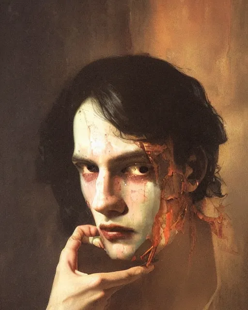 Image similar to a beautiful and eerie baroque painting of a beautiful but creepy young man in layers of fear, with haunted eyes and dark hair, 1 9 7 0 s, seventies, wallpaper, a little blood, morning light showing injuries, delicate embellishments, painterly, offset printing technique, by brom, robert henri, walter popp