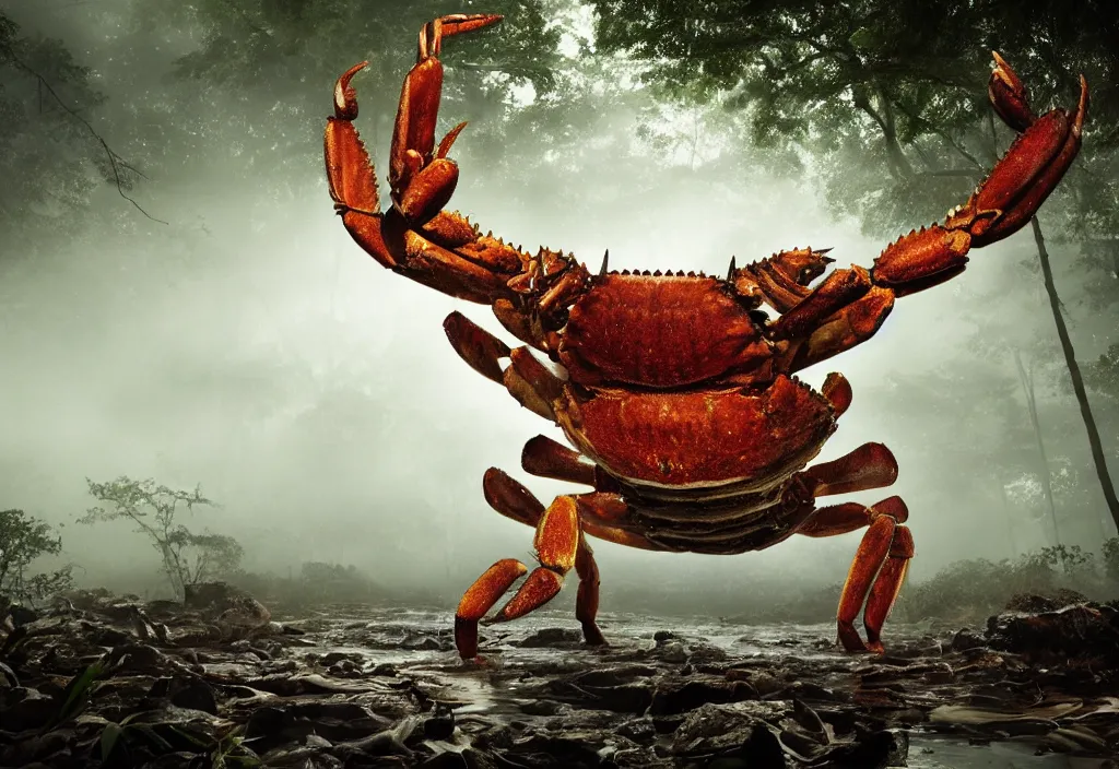 Image similar to an enormous giant crab king, in a jungle with ominous light from above, ambient light, fog, river, very poetic