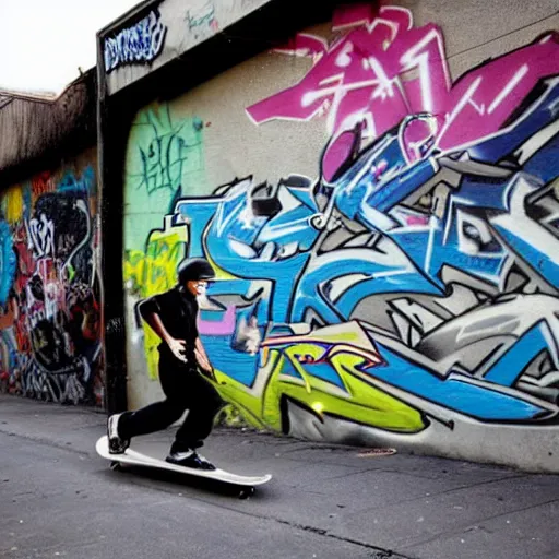 Image similar to a skateboarder glides past graffiti of WuTang Clan