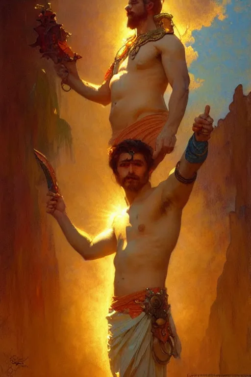 Prompt: god of sun, male character design, painting by gaston bussiere, craig mullins, greg rutkowski, alphonse mucha, trending on artstation