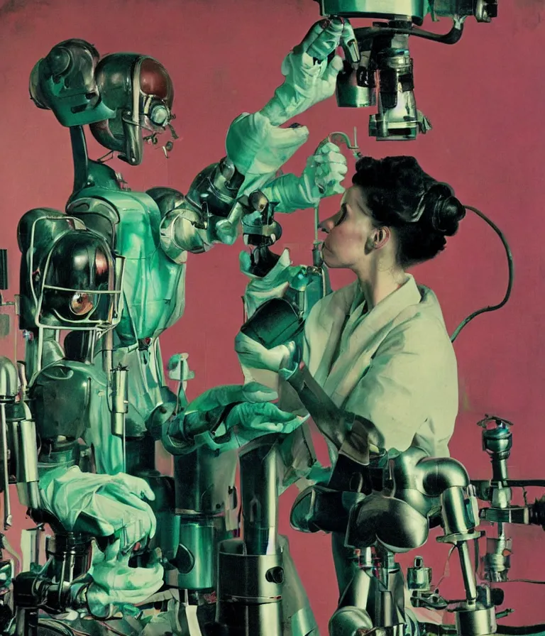 Prompt: a female mad scientist building a humanoid robot - man, in a darkly lit laboratory room, 1 9 5 0 s horror movie poster style, norman rockwell oil painting, tight shot, close - up shot, retro science fiction, vintage, saturated pink and green lighting, shadowy lighting, cohesive