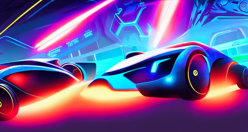 Prompt: dream tron tesla light cycle race, rocket league, mass effect, ferrari, hot wheels, wipe out, hyper realistic, concept art, high key lighting, intricate, hyper detailed, smooth, high contrast, neon, volumetric lighting, octane, raytrace, moebius, syd mead, greg rutkowski, artgerm, jim lee,