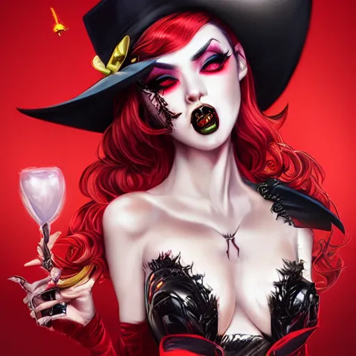 Prompt: vampiress in Fear and Loathing Wonderland, a new age fantasy portrait by Artgerm, vivid color