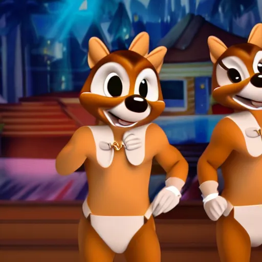 Image similar to Chip and Dale as Chippendales, ultra-detailed, 8k resolution, hyperreality