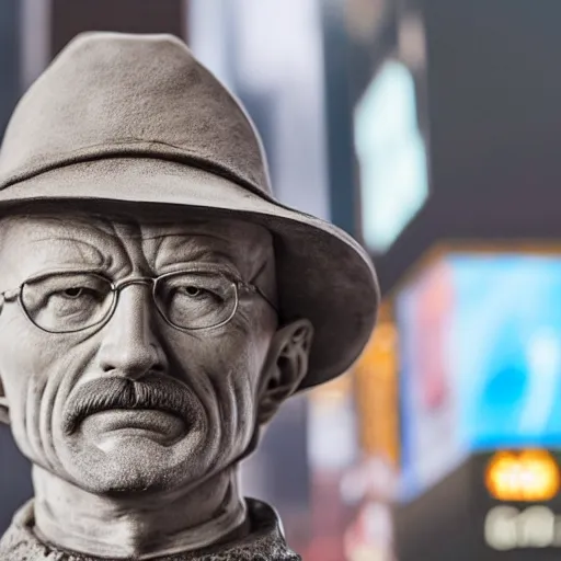 Prompt: a photograph of a very detailed renaissance sculpture of walter white in a hat standing in times square, made by michelangelo, from the distance, hyper detailed, sharp focus, 8 k resolution, ray tracing