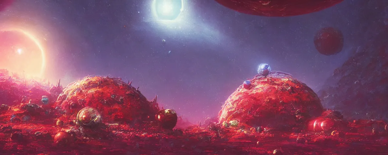 Prompt: ” outer planet made of jelly, [ art by paul lehr, cinematic, detailed, epic, widescreen, opening, establishing, mattepainting, photorealistic, realistic textures, octane render ] ”